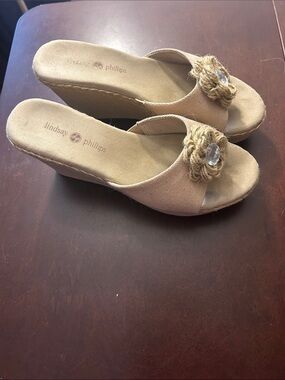 lindsay phillips Tan Wedge Slide Sandals with Braided Jute Flower and Gem